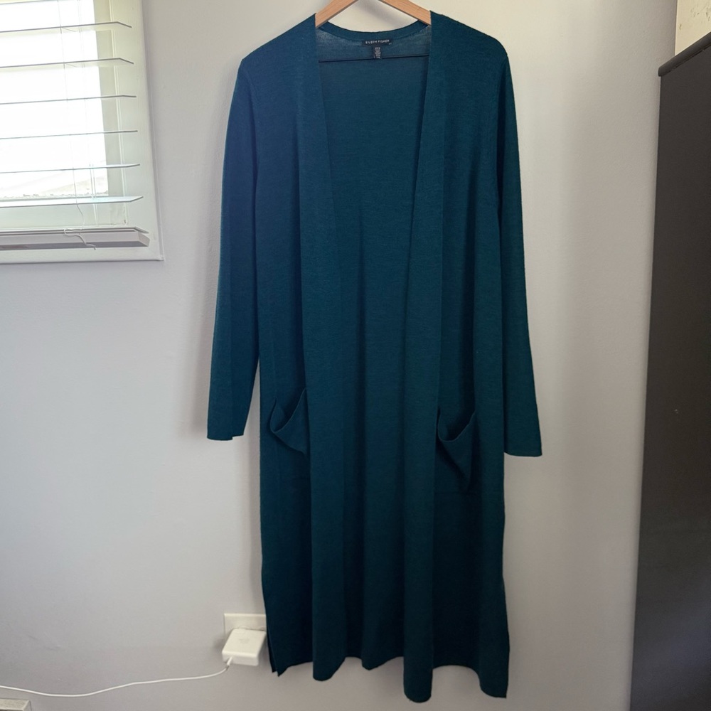 Eileen Fisher Large Merino Wool Duster Long Open Cardigan Teal Lounge Comfy